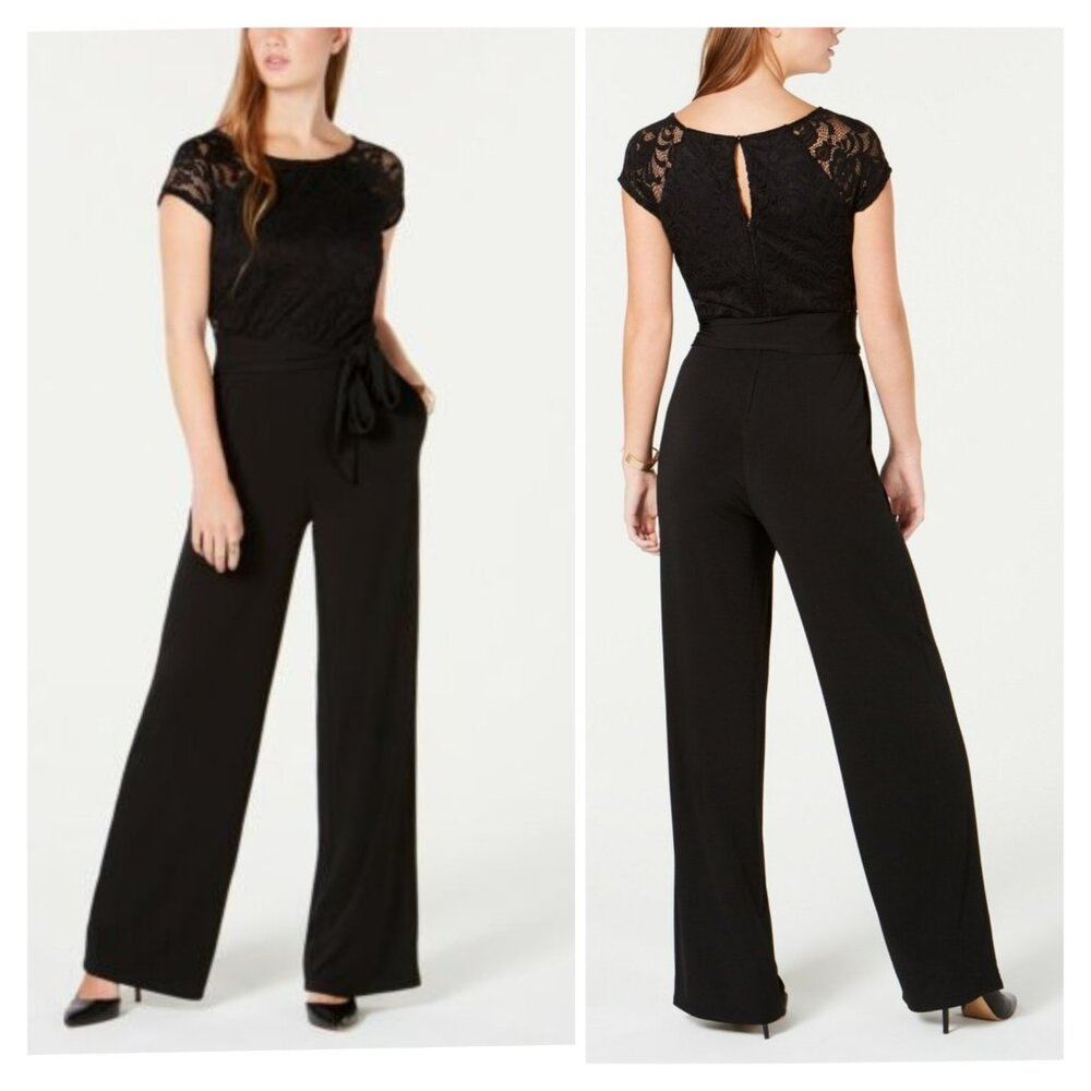 Halo Womens Black Jumpsuit Tie Waist Floral Lace Short Sleeve‎ Wide Leg XL NWT